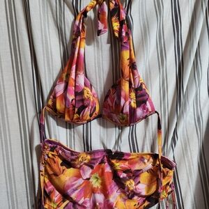 Aqua Floral Bikini - Vibrant Orange and Pink, Size MED